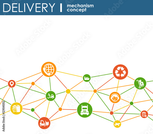 Delivery mechanism concept. Abstract background with connected gears and icons for logistic, service, strategy, shipping, distribution, transport, market, communicate concepts. Vector interactive.