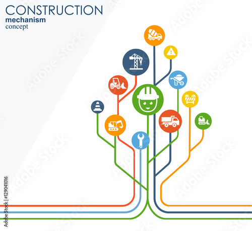 Construction network. Hexagon abstract background with lines, polygons, and integrated flat icons. Connected symbols for build, industry, architectural, engineering concepts. Vector. © iiierlok_xolms