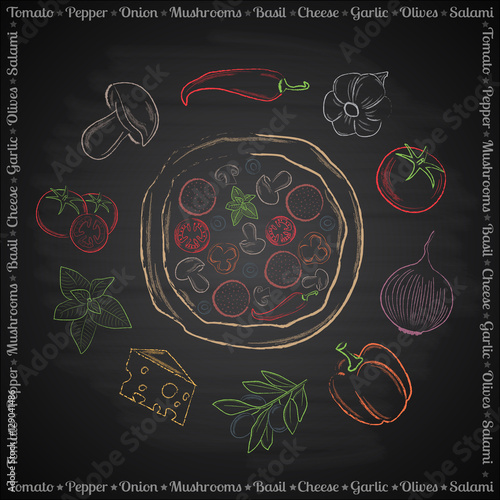 Colorful hand drawn ingredients for pizza on black background 