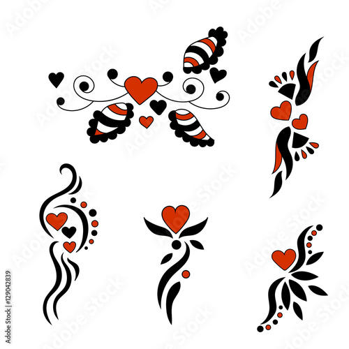 Set for Valentine's Day. Hearts decorated with twisted patterns. © abramova