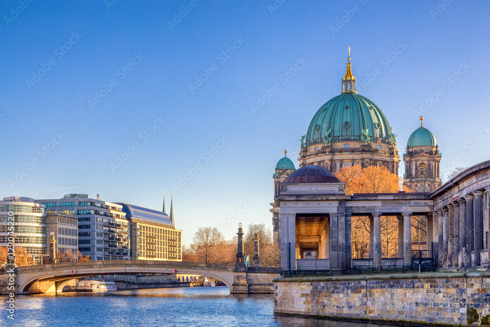 Fototapeta premium Berlin Cathedral (Berliner Dom) and Museum Island (Museumsinsel) reflected in Spree River, Berlin, Germany, Europe.