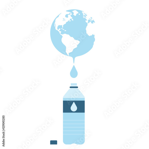Earth globes with water drop and bottle of water supply. Concept of water resources. Vector illustration.