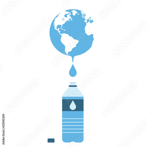 Earth globes with water drop and bottle of water supply. Concept of water resources. Vector illustration.
