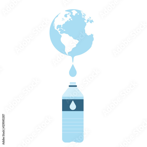 Earth globes with water drop and bottle of water supply. Concept of water resources. Vector illustration.