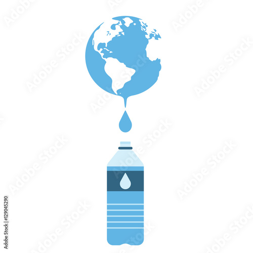 Earth globes with water drop and bottle of water supply. Concept of water resources. Vector illustration.