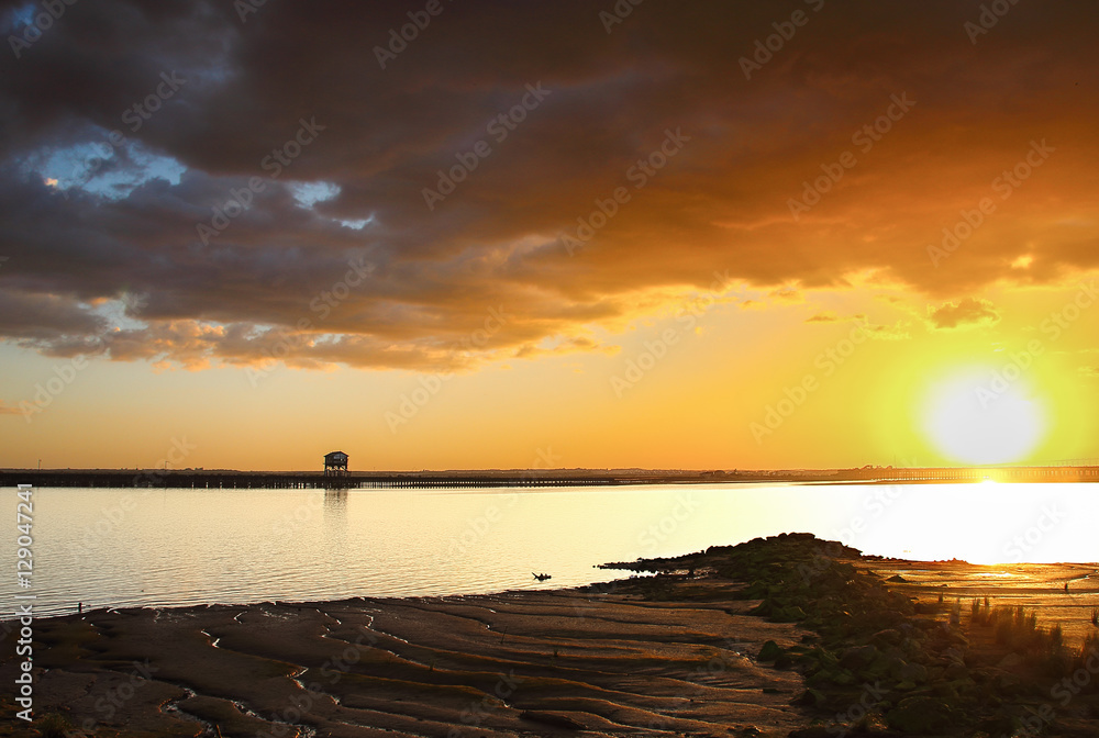 Naklejka premium Panoramic view at sunset of old mining dock of Tharsis, known as the Tharsis Dock. This is one of the ruins left by the English in Huelva. It was the dock where minerals arrived from Tharsis , Spain