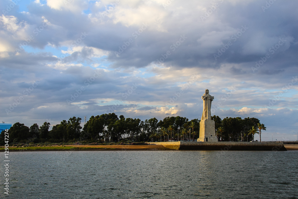 Discovery Faith Christopher Columbus Monument Panorama, Cristobal Colon sculpture in Huelva, Andalusia, Spain, pointing to America, The new world