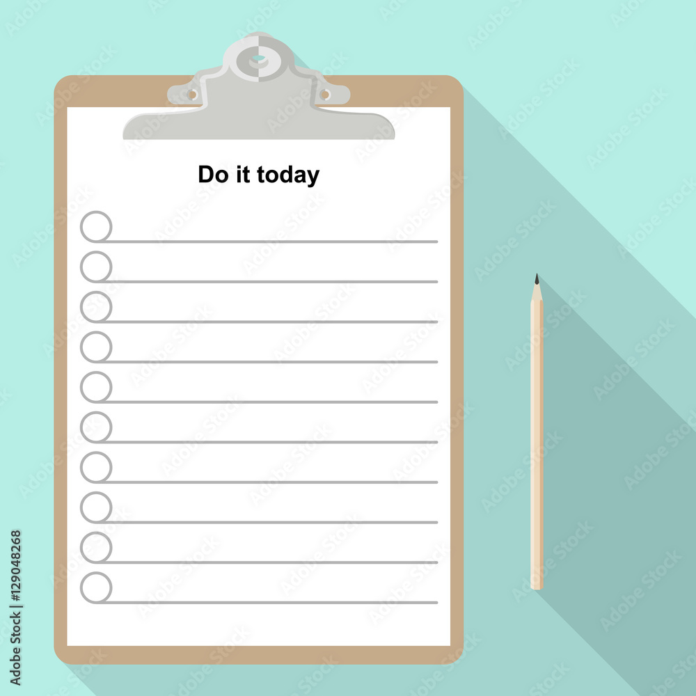 flat vector pencil and blank paper sheet on clipboard with long shadow effect flat vector pencil and blank paper sheet on clipboard with long shadow effect