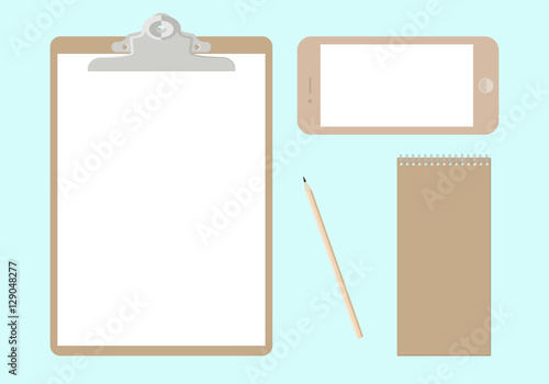 flat vector pencil, notebook, phone and blank paper sheet on clipboard