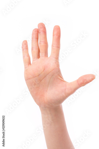 woman hand showing stop or halt gesture hand sign, studio isolated