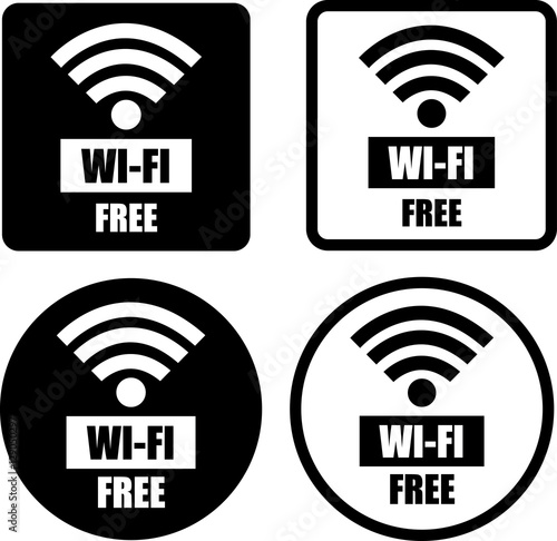 Free wifi circle and square sign. Wifi symbol. Wireless Network icon. Black and white flat button with shadow.