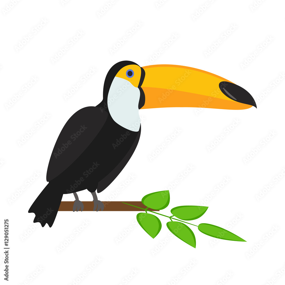 Obraz premium Toucan sitting on branch. Tropical bird. Toucan isolated on a white background. Vector illustration.