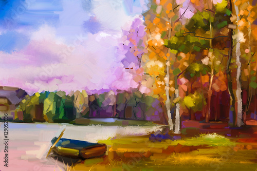 Oil painting landscape - colorful autumn trees. Semi abstract image of forest, trees with yellow, red leaf and boat at lake. Autumn, Fall season nature background. Hand Painted Impressionist style