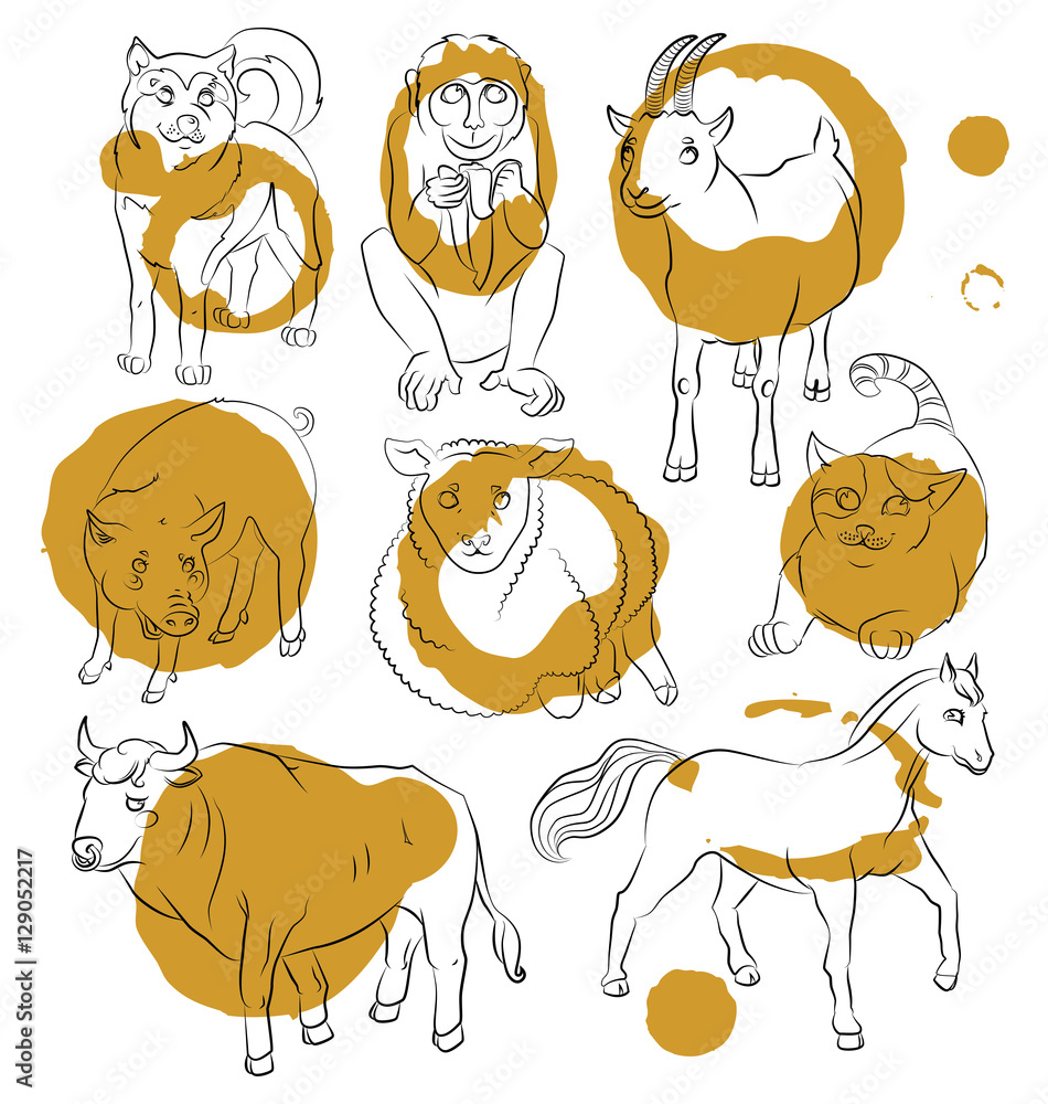 Obraz premium Bull-cat-dog-goat-horse-monkey-pig-sheep