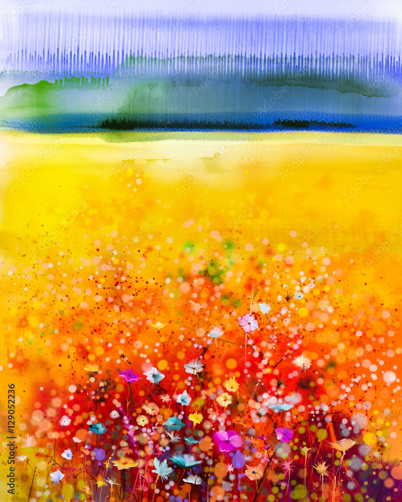Obraz premium Abstract floral watercolor painting. Hand painted White, Yellow and Red flowers in soft color on blue green color background. Ivy flowers in tree park. Spring flower seasonal nature background