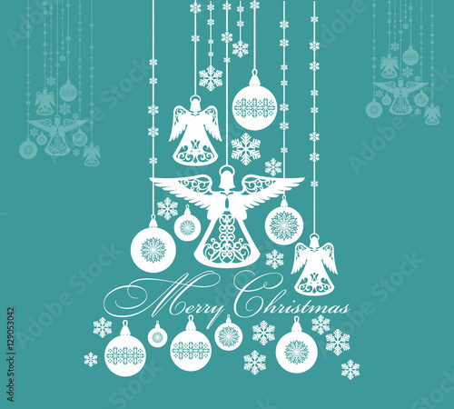 Christmas festive abstract background. Pattern with toys angels and balls. Perfect for banners, posters, invitations and greeting cards for the winter holidays. Vector illustration