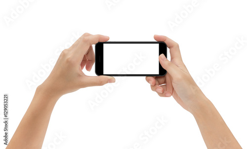 hand holding phone isolated on white background, mock-up smart p