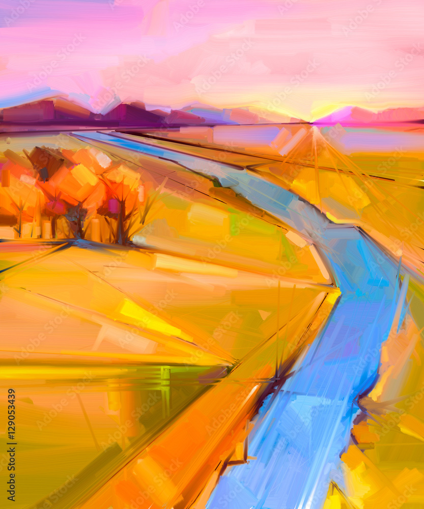Fototapeta premium Abstract colorful oil painting landscape on canvas. Semi- abstract image of tree, hill and yellow - green field, blue river with sunlight and purple blue sky. Spring, Summer season nature background