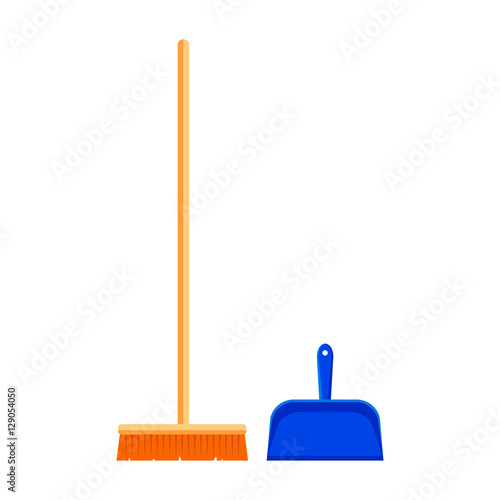 Flat mop and scoop icon logo isolated on white background. Floor clean object, household equipment tool. Cleaning service vector stock illustration.