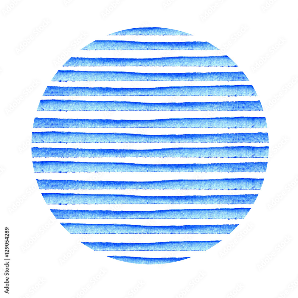 Circle of blue stripe painted in watercolor. Retro style background. Element design for posters, stickers, banners, invitations, wedding.