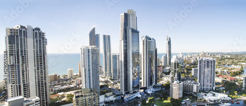 Surfers Paradise city centre's famous skyline viewed from above. Panorama