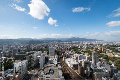 Aerial view toward western Sapporo, Hokkaido, Japan