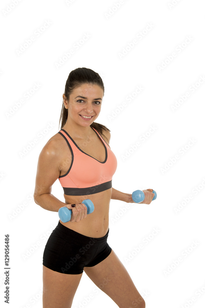 sport woman in fitness clothes smiling happy in aerobics training workout posing holding weight sport woman in fitness clothes smiling happy in aerobics training workout posing holding weight