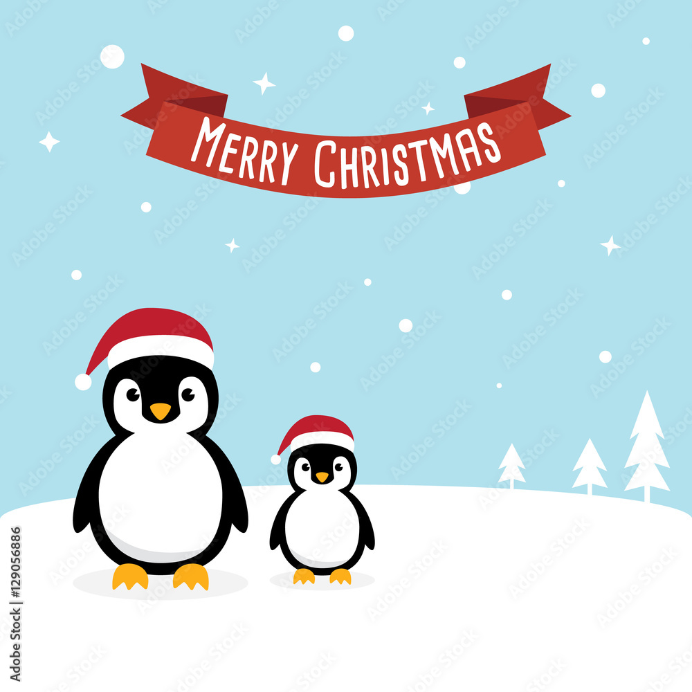 Penguin cartoon character. Cute Penguins wearing Santa Claus hat standing on sky blue background. Flat design Vector illustration for Merry Christmas and Happy New Year invitation card.