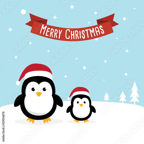 Penguin cartoon character. Cute Penguins wearing Santa Claus hat standing on sky blue background. Flat design Vector illustration for Merry Christmas and Happy New Year invitation card.