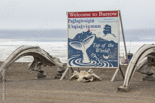 фотографія BARROW, ALASKA- JUNE 3, 2012: Welcome sign on the beach of the C