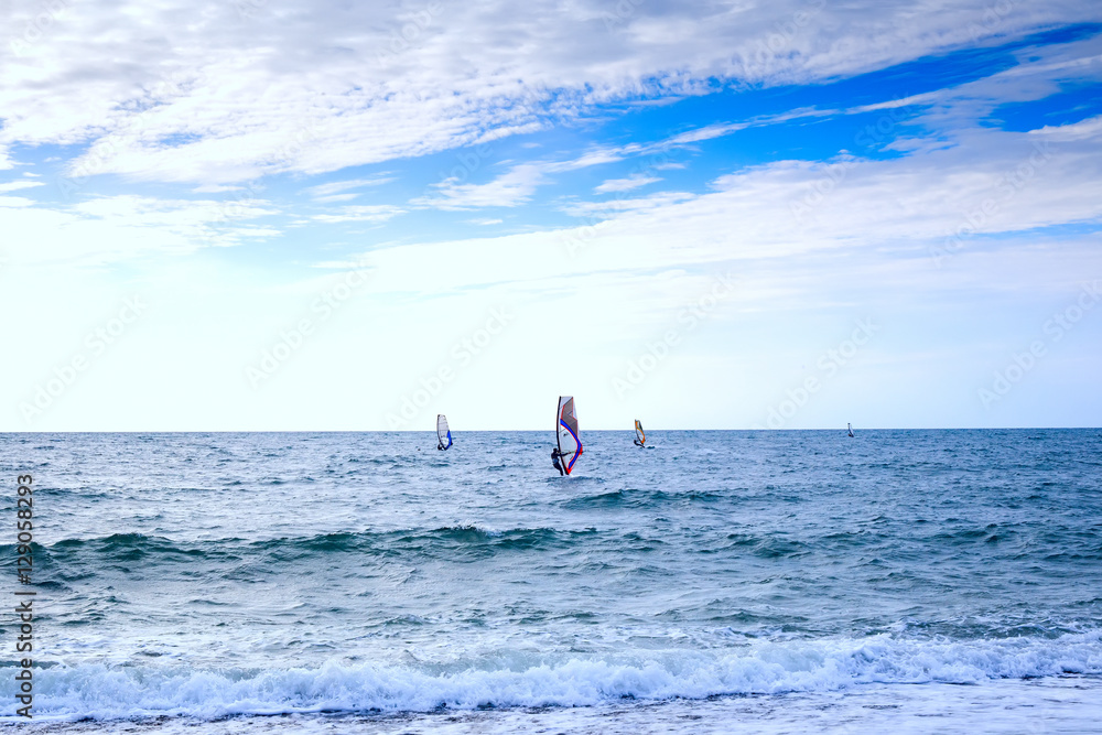 Group of windsurfers on boards in wavy sea