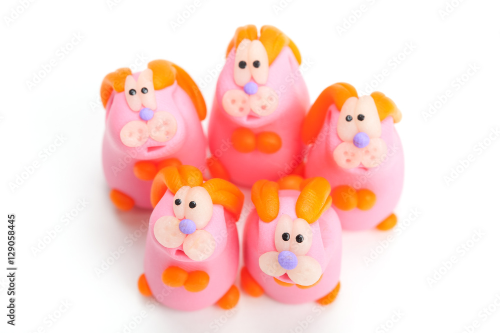 Group of clay toys (rabbit). Isolated on white background, horiz