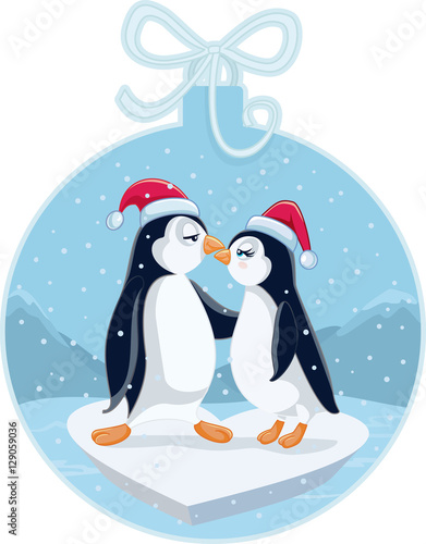 Cute Christmas Penguins Kissing Vector Cartoon