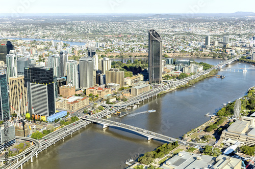 Brisbane CBD cityscape and South Bank with Victoria bridge over the 