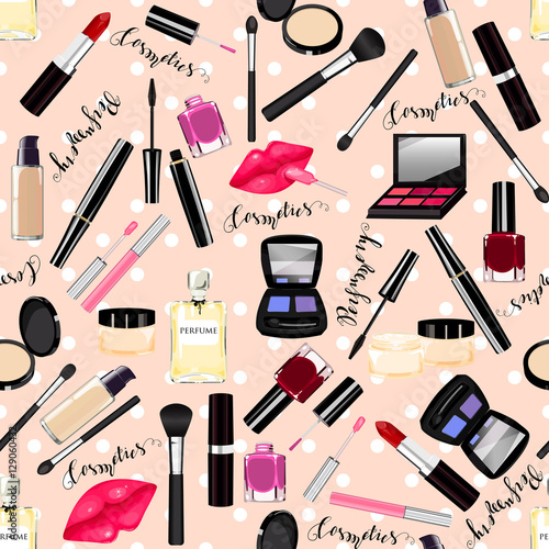 Makeup, perfume, cosmetics seamless pattern.