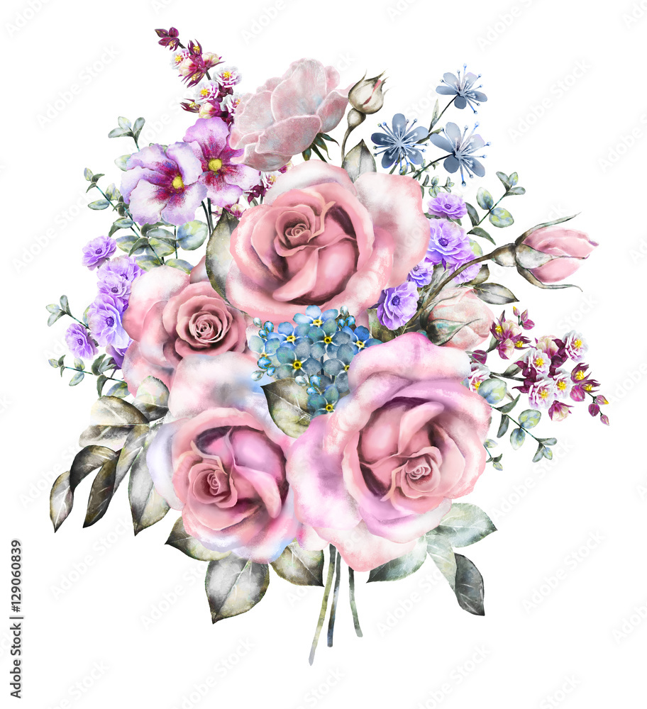 watercolor flowers. floral illustration in Pastel colors, pink rose ...