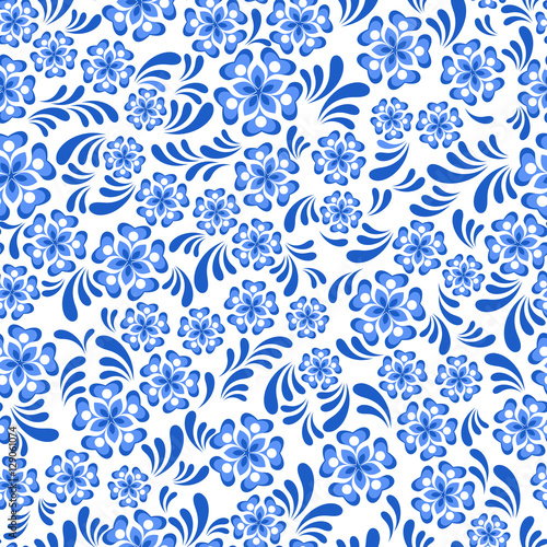 Seamless blue floral pattern in Russian gzel style