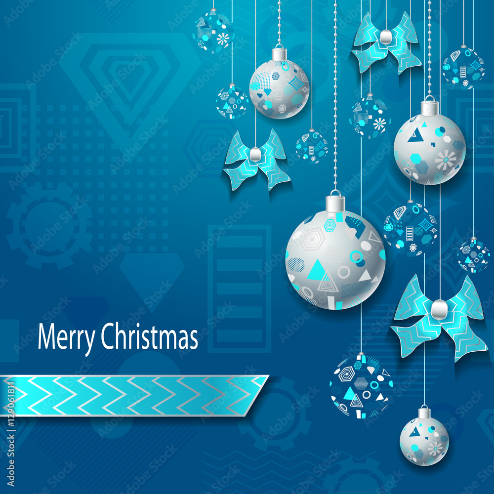 Merry Christmas background  with Christmas balls and bows  in silver blue