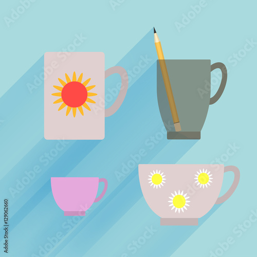 Dark transparent mug isolated, porcelain demitasse and teacup with flower pattern on blue background