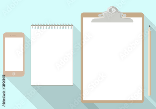 pencil, notebook, phone and blank paper sheet on clipboard