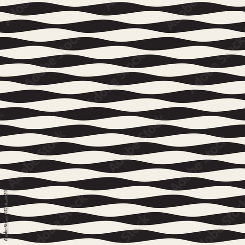 Vector Seamless Black and White Horizontal Wavy Lines Pattern