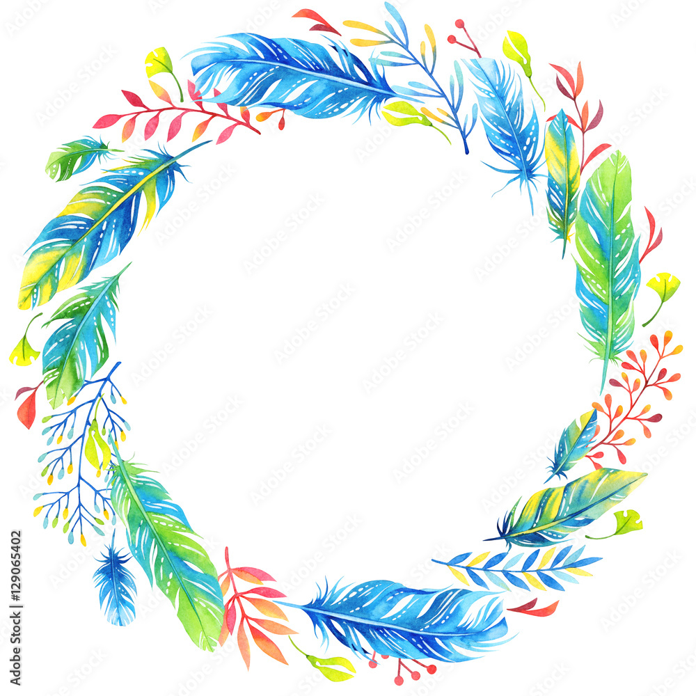 Obraz premium Watercolor floral wreath with blue and green feathers