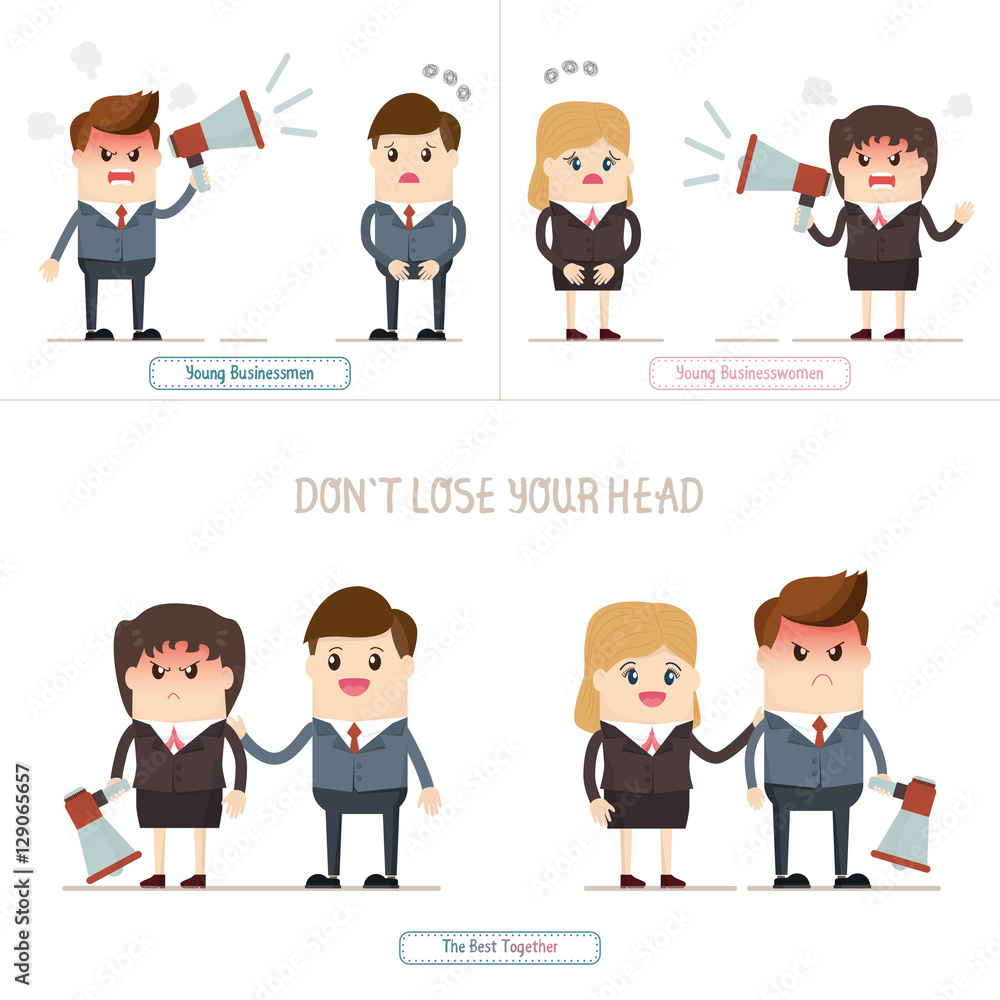 angry boss or manager upset shouting with a megaphone to employees, moody customer being complaining to businessman and businesswoman.. angry boss or manager upset shouting with a megaphone to employees, moody customer being complaining to businessman and businesswoman..