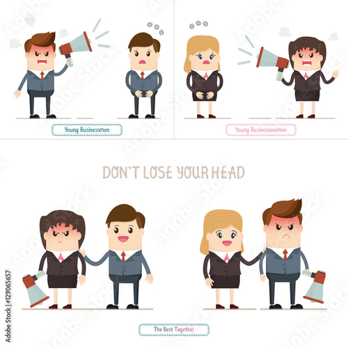 angry boss or manager upset shouting with a megaphone to employees, moody customer  being complaining to businessman and businesswoman..