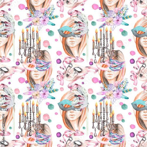 Masquerade theme seamless pattern with female image in a mask, wineglasses and masks in Venetian style, hand drawn on a white background