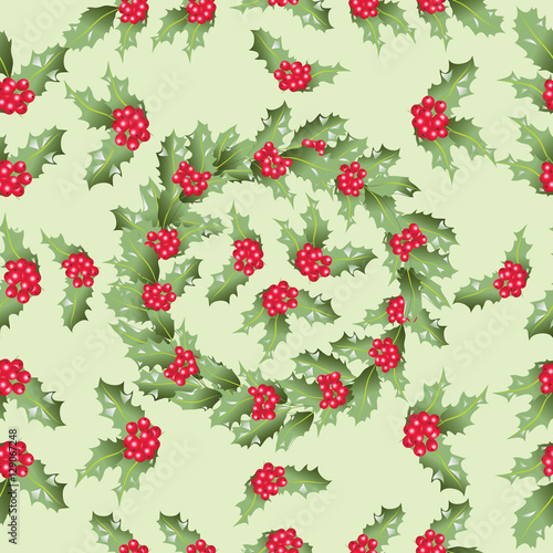 Holly. A wreath of leaves and berries. Seamless pattern. Design for textiles, tapestries, napkins, wrapping paper.