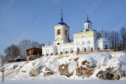 Winter view of the Russian Orthodox Church of St. George in Sloboda village.