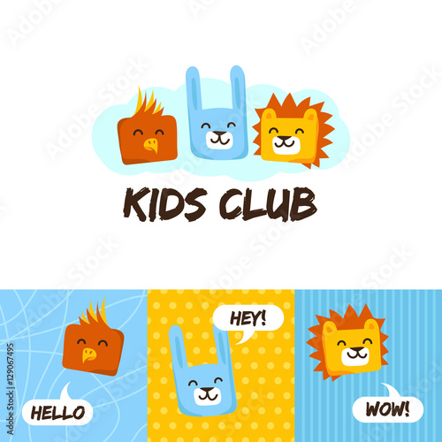 Kids club logo with animals. Cute kindergarten and language school sign.