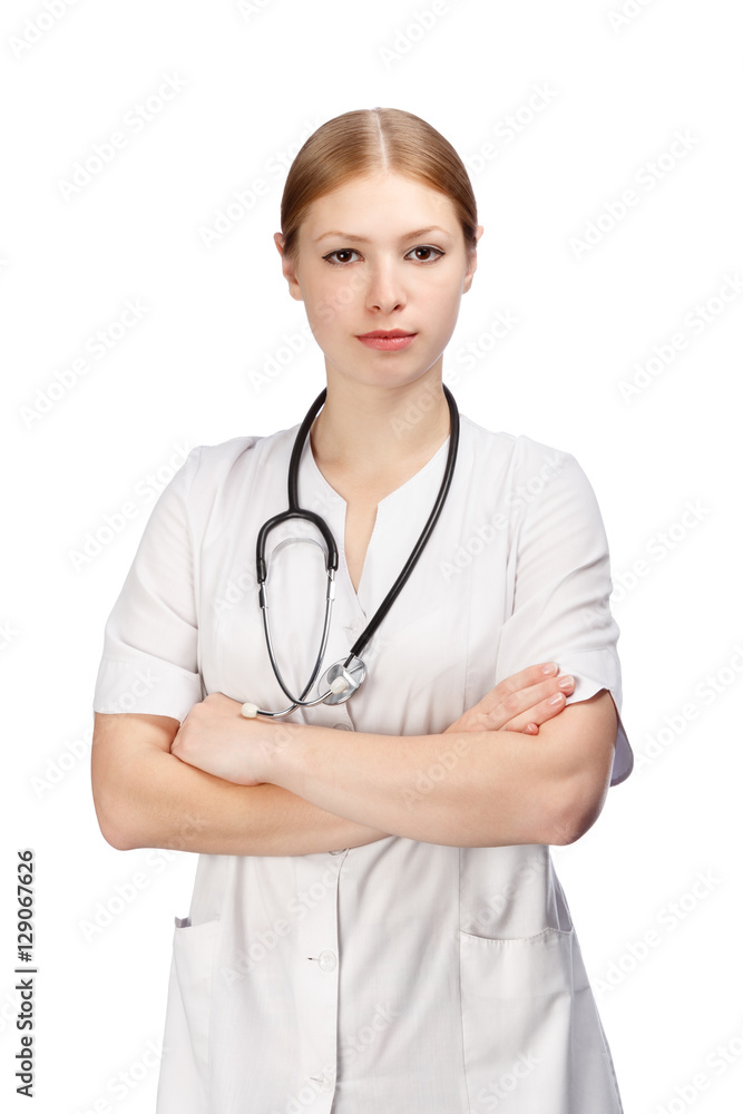 Serious woman in doctor's smock with stethoscope Serious woman in doctor's smock with stethoscope