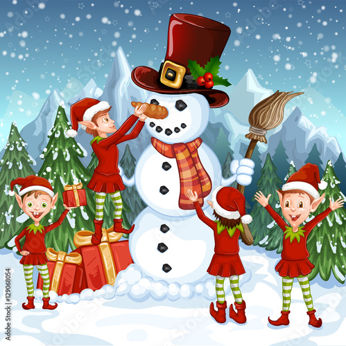 Merry Christmas Card. Illustration with funny snowman and Santa's elves